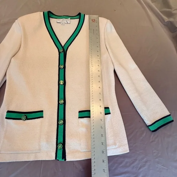 St John Vintage Cream/Navy/Green/Golf Button Sweater/Jacket Size 6/S MSRP $1295 - Picture 10 of 12